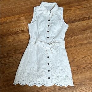 En Saison White Sleeveless Eyelet Shirt Dress with Tie Belt